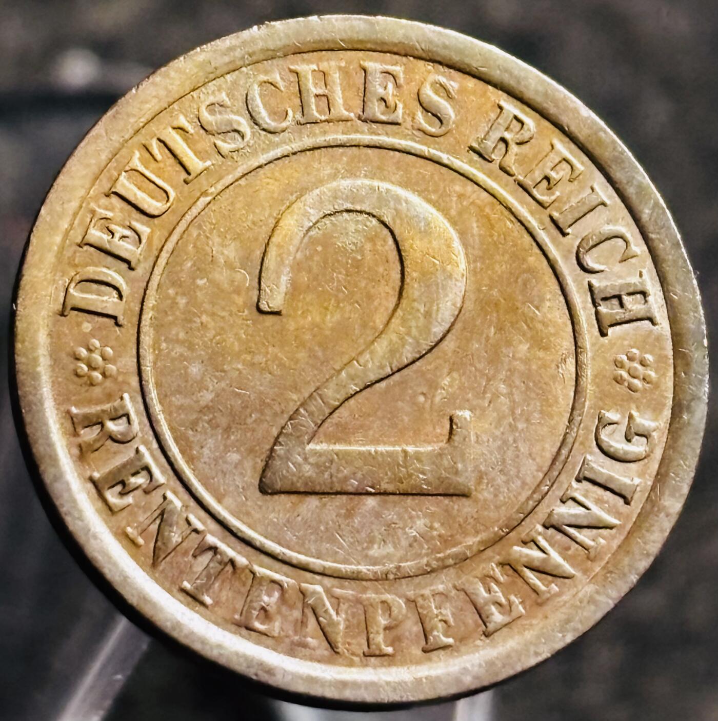 文馨钱币收藏第 268 场，长期接收代拍品 少见极美品 1924 年魏玛共和国地产抵押马克时期 2 芬尼铜币 A 版，只发行 2 年
