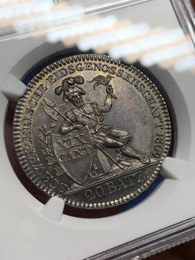 《竞宝斋》第412场 周日，周一，周二，3场连拍 （全场包邮） NGC MS64 瑞士 1809 阿尔高 雇佣兵 20巴增银币 该系列的最大面值 双面深打 高点保持的很好 1.4W的发行量值得收藏