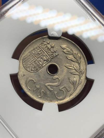 《竞宝斋》第412场 周日，周一，周二，3场连拍 （全场包邮） NGC MS63 西班牙 1937年 内战版 25分 原光镍币 好品非常少