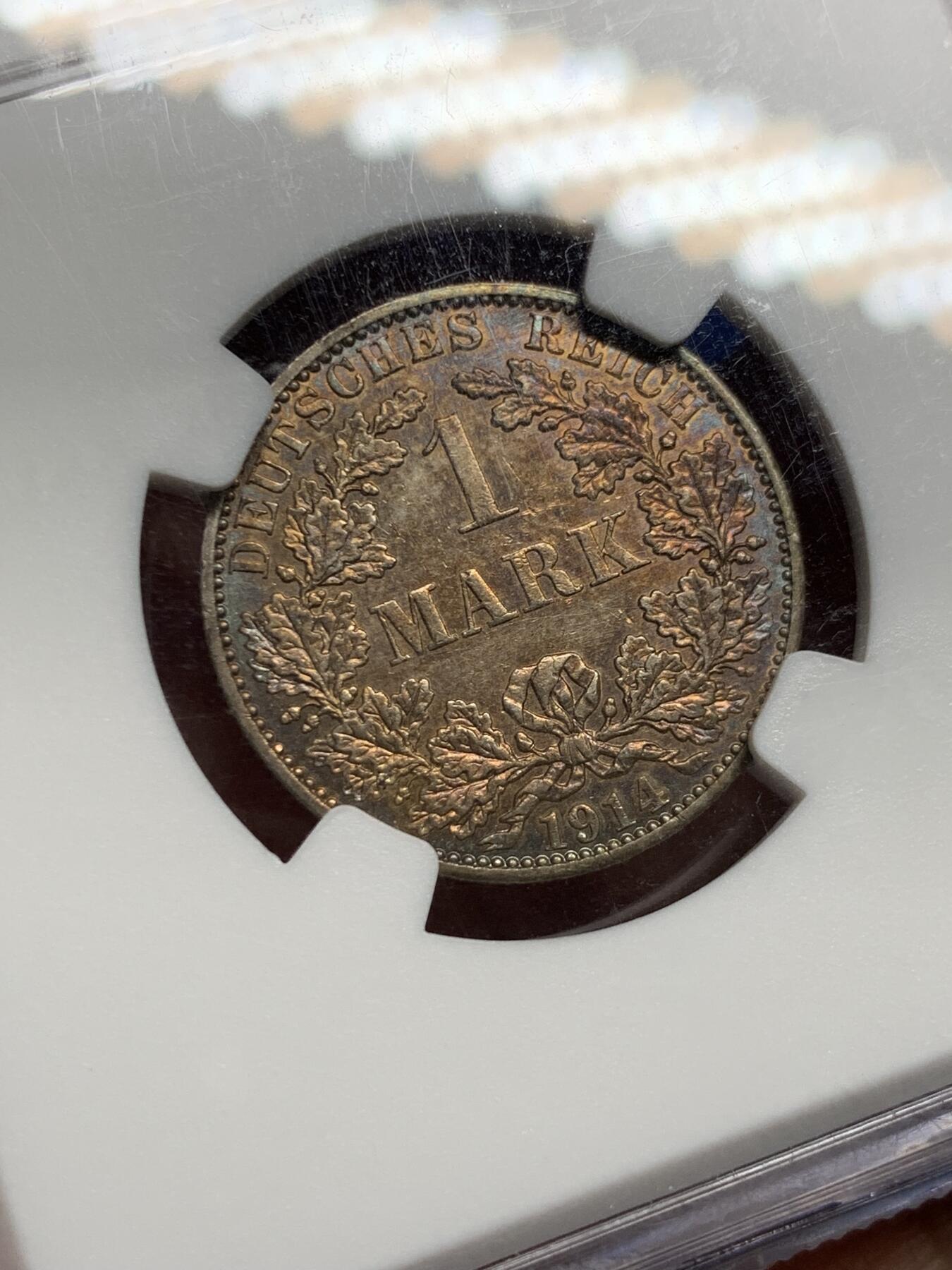 《竞宝斋》第412场 周日，周一，周二，3场连拍 （全场包邮） NGC MS62 德国1914年A版普鲁士1马克 环彩包浆值得收藏