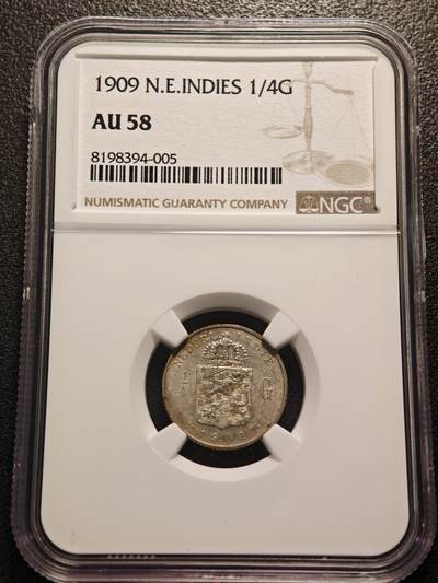 【德藏】世界币章拍卖第143期（拍品征集中~欢迎藏友联系） - 1909年 荷属东印度群岛1/4盾银币 NGC AU58 状态极佳