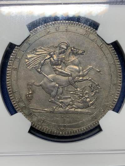 《竞宝斋》第412场 周日，周一，周二，3场连拍 （全场包邮） NGC MS61 英国 1818年乔治三世一克朗马剑大银币 灰色包浆 细节状态来说低评了