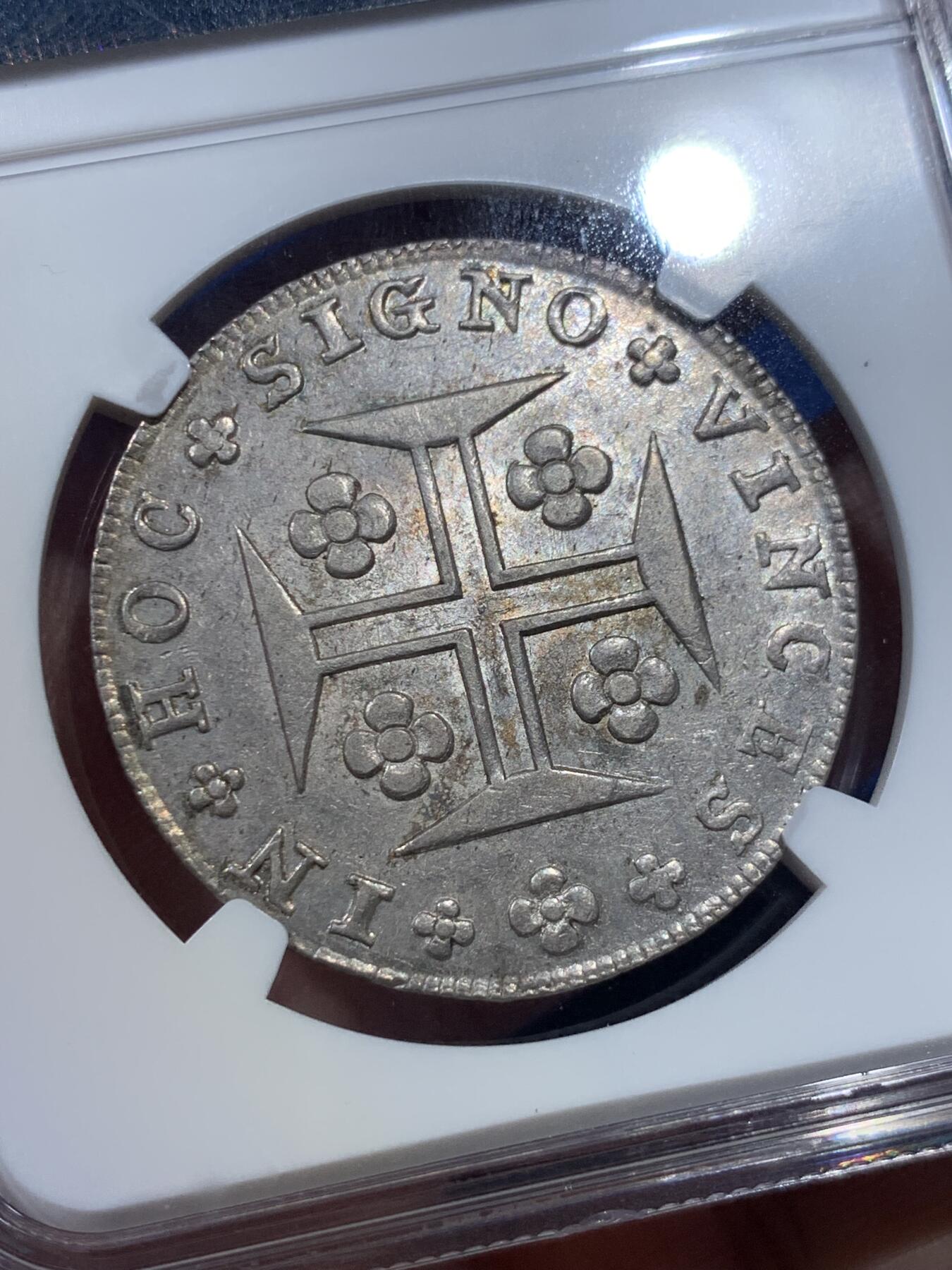 《竞宝斋》第412场 周日，周一，周二，3场连拍 （全场包邮） NGC MS62 葡萄牙1815年S400R银币，五彩包浆