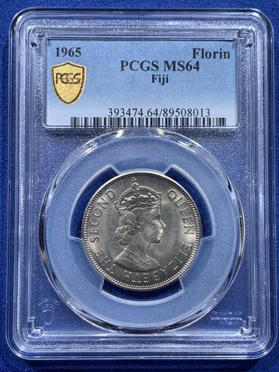 《竞宝斋》第412场 周日，周一，周二，3场连拍 （全场包邮） - PCGS MS64 斐济1965年1弗洛林主币 最大面值 少见 发行量仅40万 MS级别不易 国徽很有特色