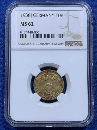 《竞宝斋》第412场 周日，周一，周二，3场连拍 （全场包邮） - NGC MS62 德国 1938J 10芬尼 铜币