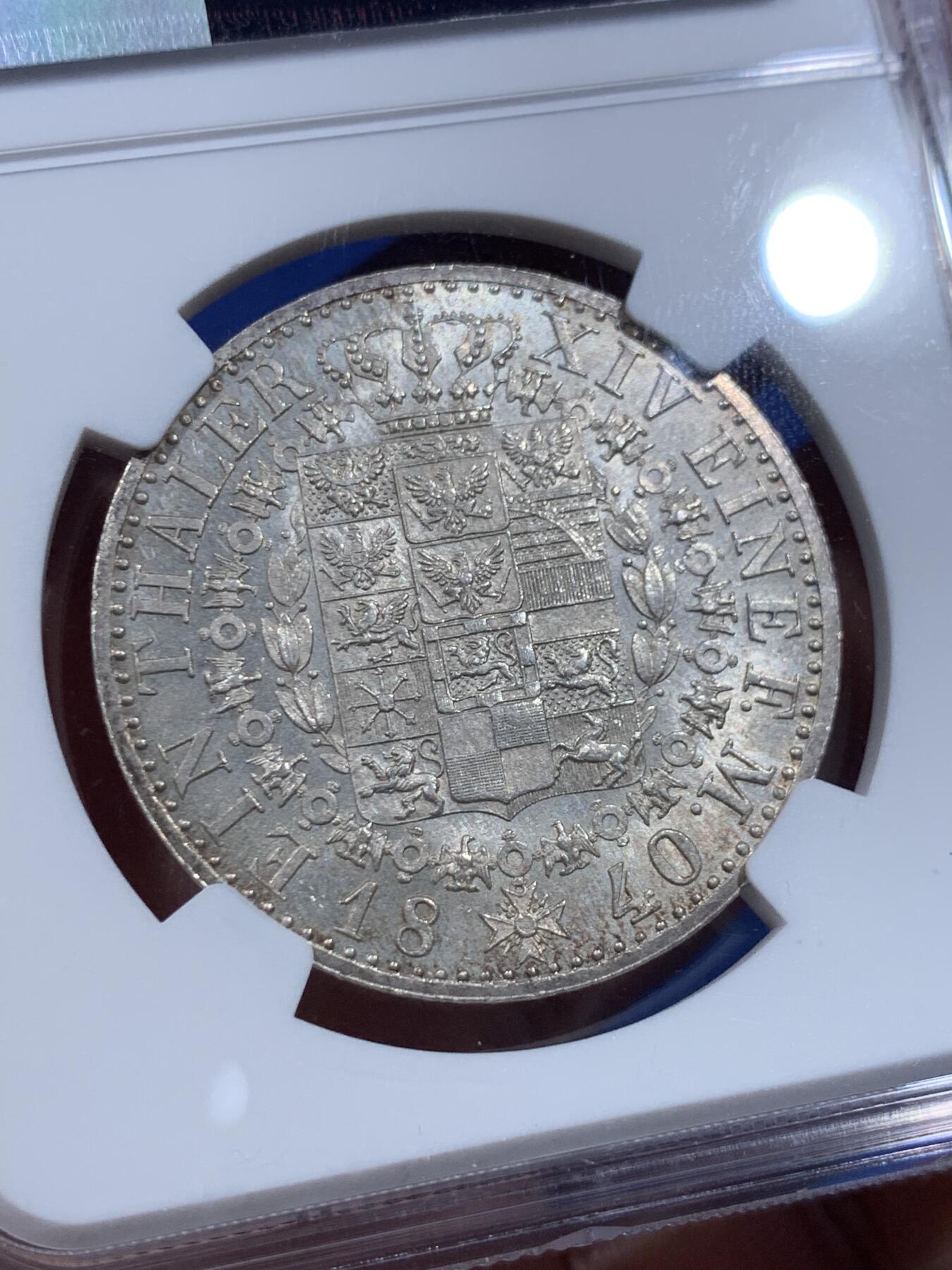 《竞宝斋》第412场 周日，周一，周二，3场连拍 （全场包邮） 唯一冠军分 NGC MS64 德国 1840 普鲁士王国 威廉三世 泰勒银币 非常流通充分的品种 只有3枚MS评级 不可错过