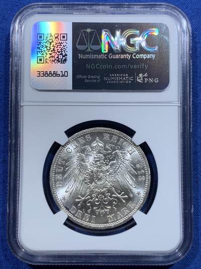 《竞宝斋》第412场 周日，周一，周二，3场连拍 （全场包邮） NGC MS64 德国1913年普鲁士威廉二世军装花枝3马克 转光极佳