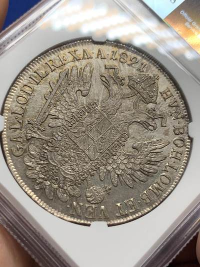 《竞宝斋》第412场 周日，周一，周二，3场连拍 （全场包邮） 唯一 冠军分 NGC MS63 奥匈帝国 1821 奥地利 弗朗茨一世 泰勒大银币 细节清晰  该版本普遍弱打 本拍品状态极佳 双面丝滑包浆