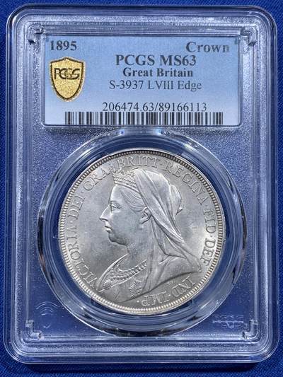 《竞宝斋》第412场 周日，周一，周二，3场连拍 （全场包邮） PCGS MS63 英国1895年维多利亚披纱1克朗马剑银币 1895  LVIII ，ESC  稀缺度S，稀少的版本
