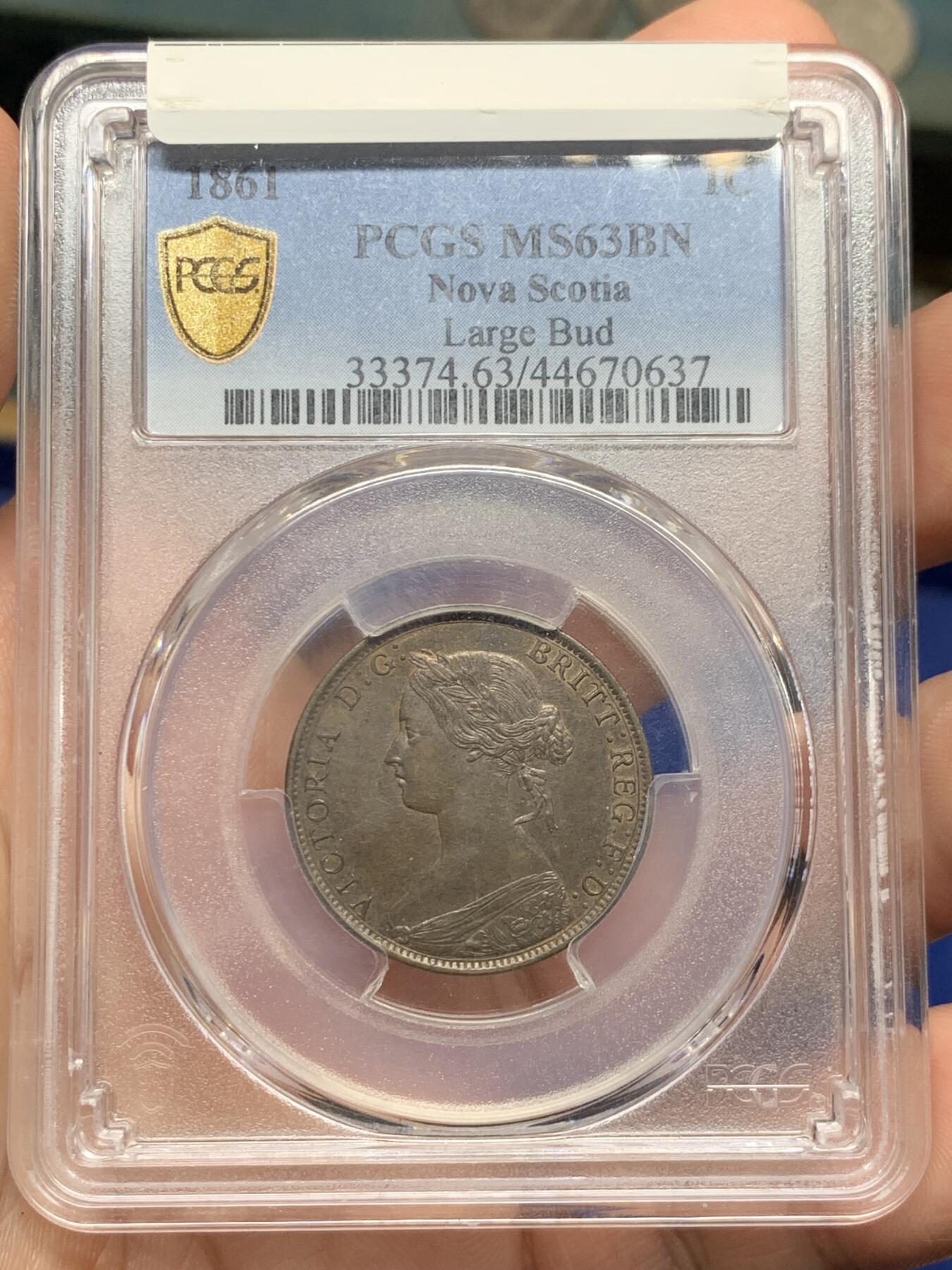 《竞宝斋》第412场 周日，周一，周二，3场连拍 （全场包邮） PCGS MS63BN 新不伦瑞克1861年小维1分铜币，底板丝滑，发丝细节纤毫毕现。 采用了维多利亚女王少妇时期的头像，个人很喜欢的一版。背面皇冠+花环，繁复华丽。高分很少见，外拍64分合人民币2812元成交