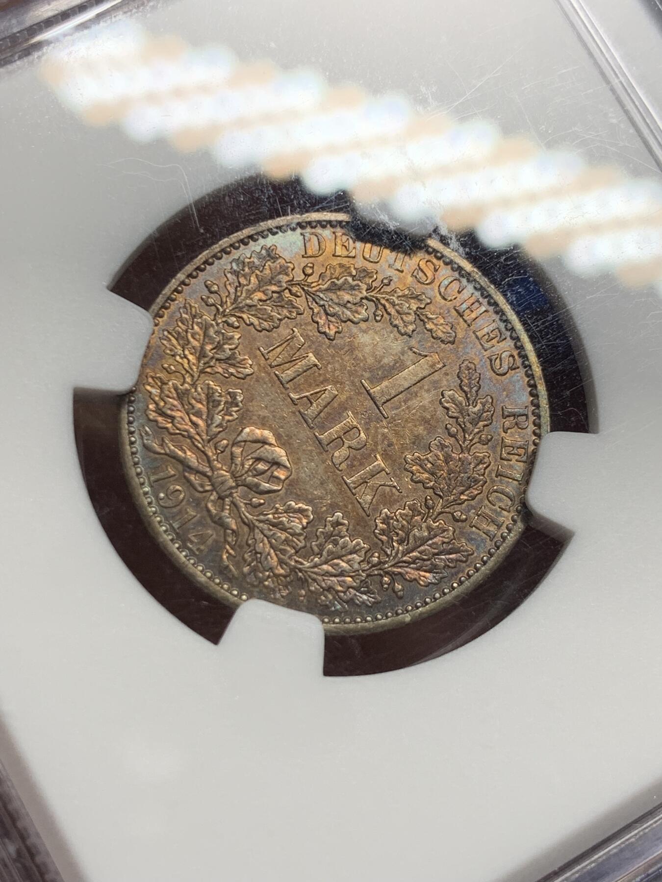 《竞宝斋》第412场 周日，周一，周二，3场连拍 （全场包邮） NGC MS62 德国1914年A版普鲁士1马克 环彩包浆值得收藏