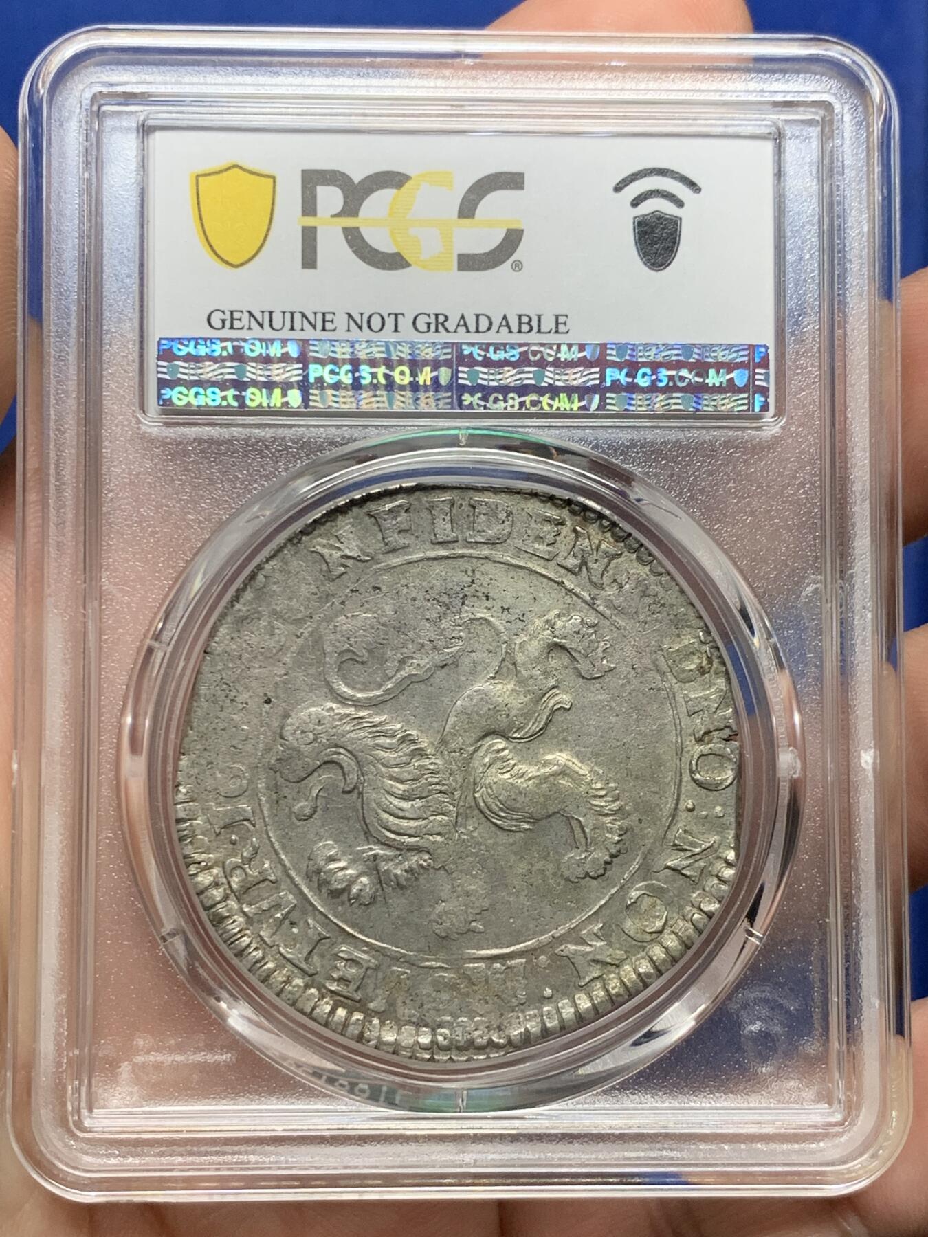 《竞宝斋》第412场 周日，周一，周二，3场连拍 （全场包邮） PCGS AU 1641年尼德兰上艾瑟尔省站人武士大银币 打制清晰完整，还有光泽，早期品相极其难得