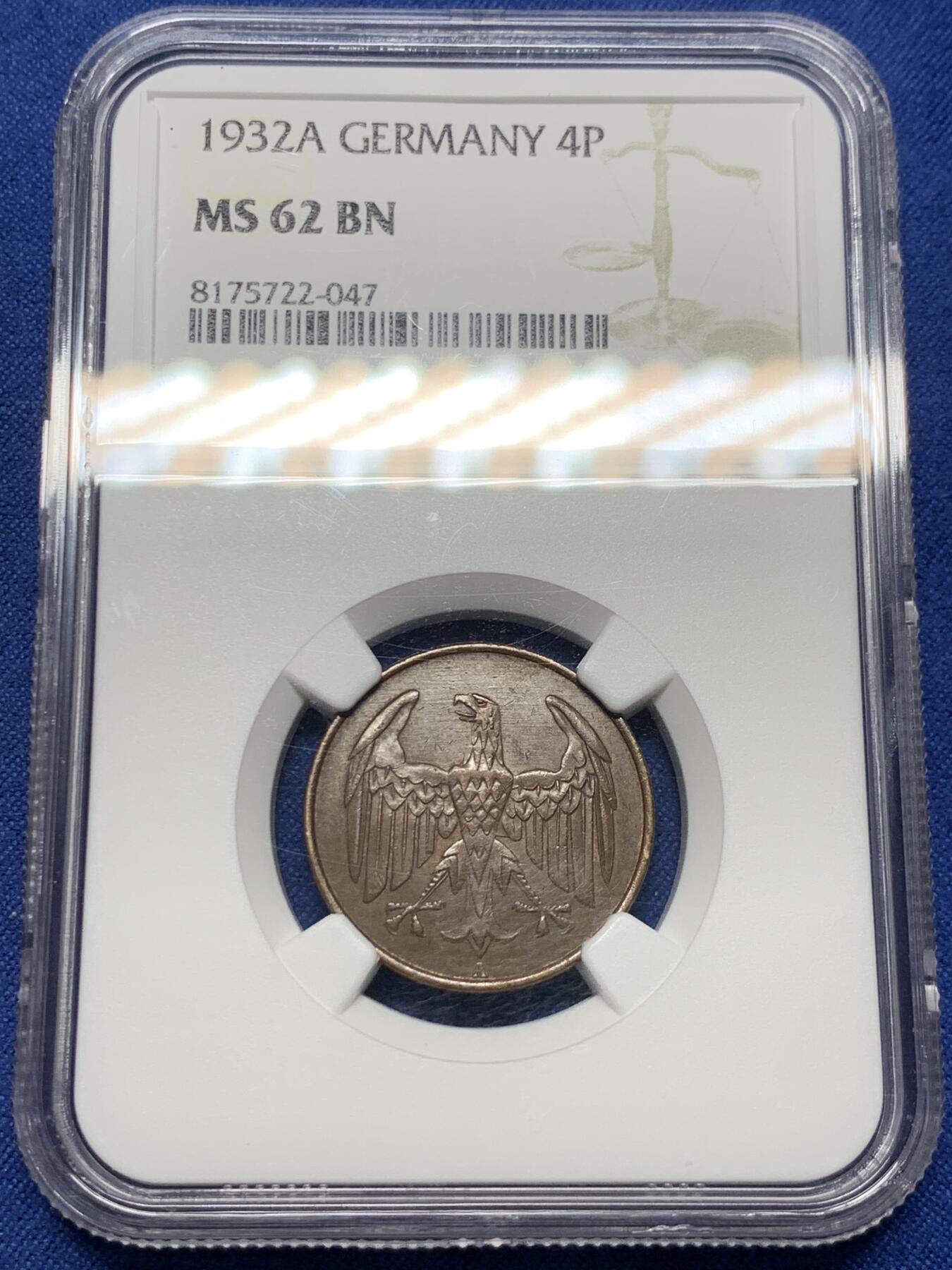 《竞宝斋》第412场 周日，周一，周二，3场连拍 （全场包邮） NGC MS62BN 德国 1932A 魏玛共和国4芬尼铜币，面值少见，巧克力包浆漂亮。
