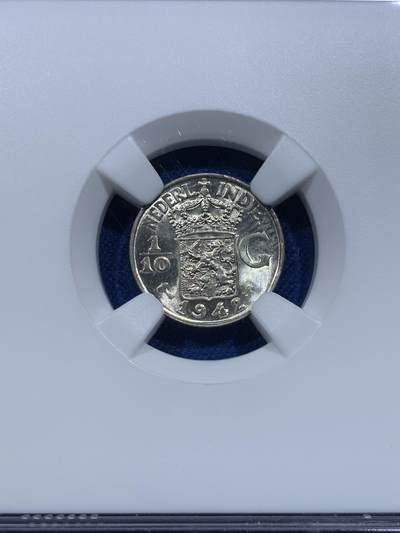 《竞宝斋》第412场 周日，周一，周二，3场连拍 （全场包邮） NGC MS64 荷属东印度群岛（今印尼）1942年 1/10盾 银币 卷拆完美品