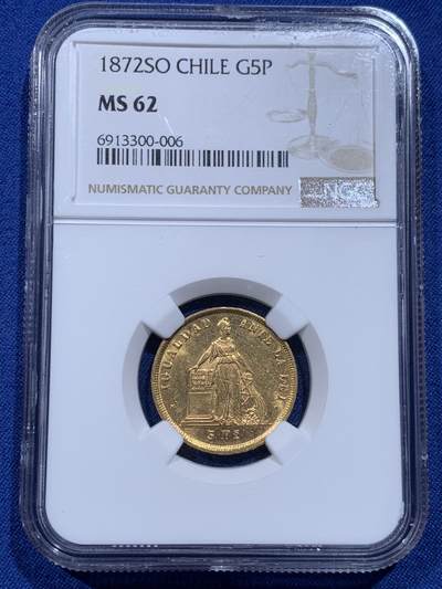 《竞宝斋》第412场 周日，周一，周二，3场连拍 （全场包邮） NGC MS62 智利1872年5比索金币 亚军分 仅发行23000枚  金币重约7.62克 900金