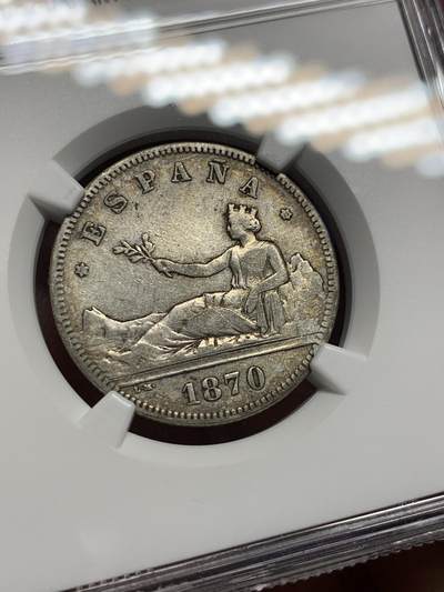 《竞宝斋》第412场 周日，周一，周二，3场连拍 （全场包邮） NGC XF40 西班牙坐人1870年拿花女神双柱2比塞塔银币