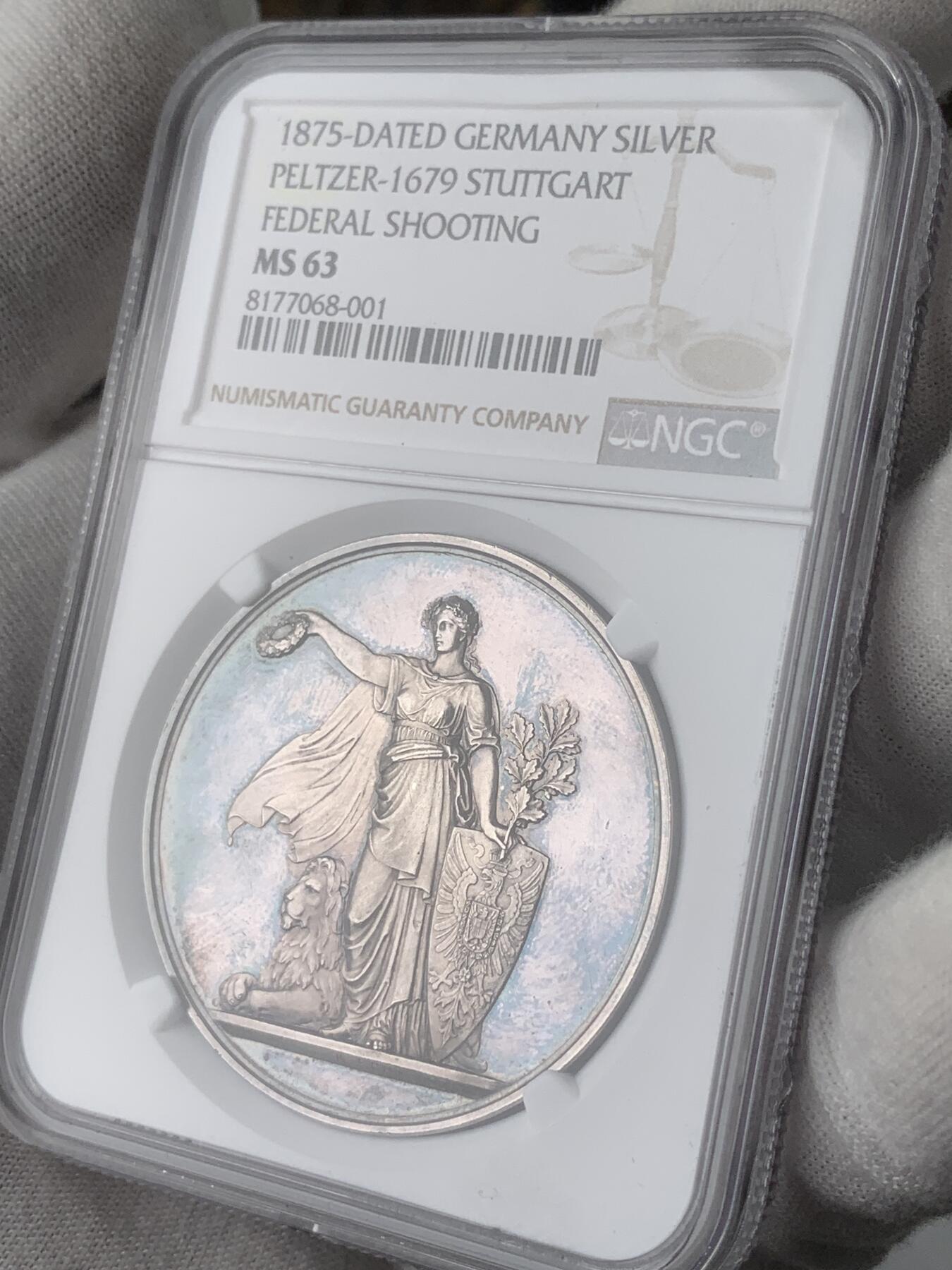 掌中浮雕-藏着的欧洲第034场 NGC MS63 : 1875年德国斯图加特射击节银章，41mm，带原盒