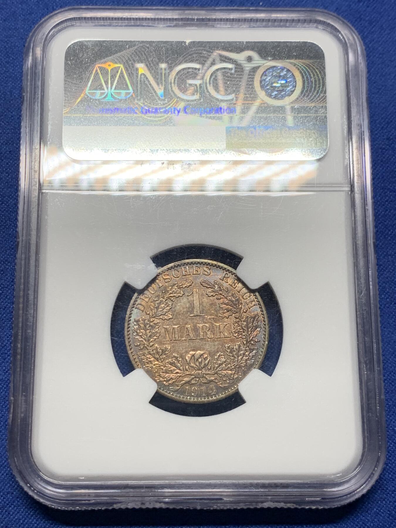 《竞宝斋》第412场 周日，周一，周二，3场连拍 （全场包邮） NGC MS62 德国1914年A版普鲁士1马克 环彩包浆值得收藏