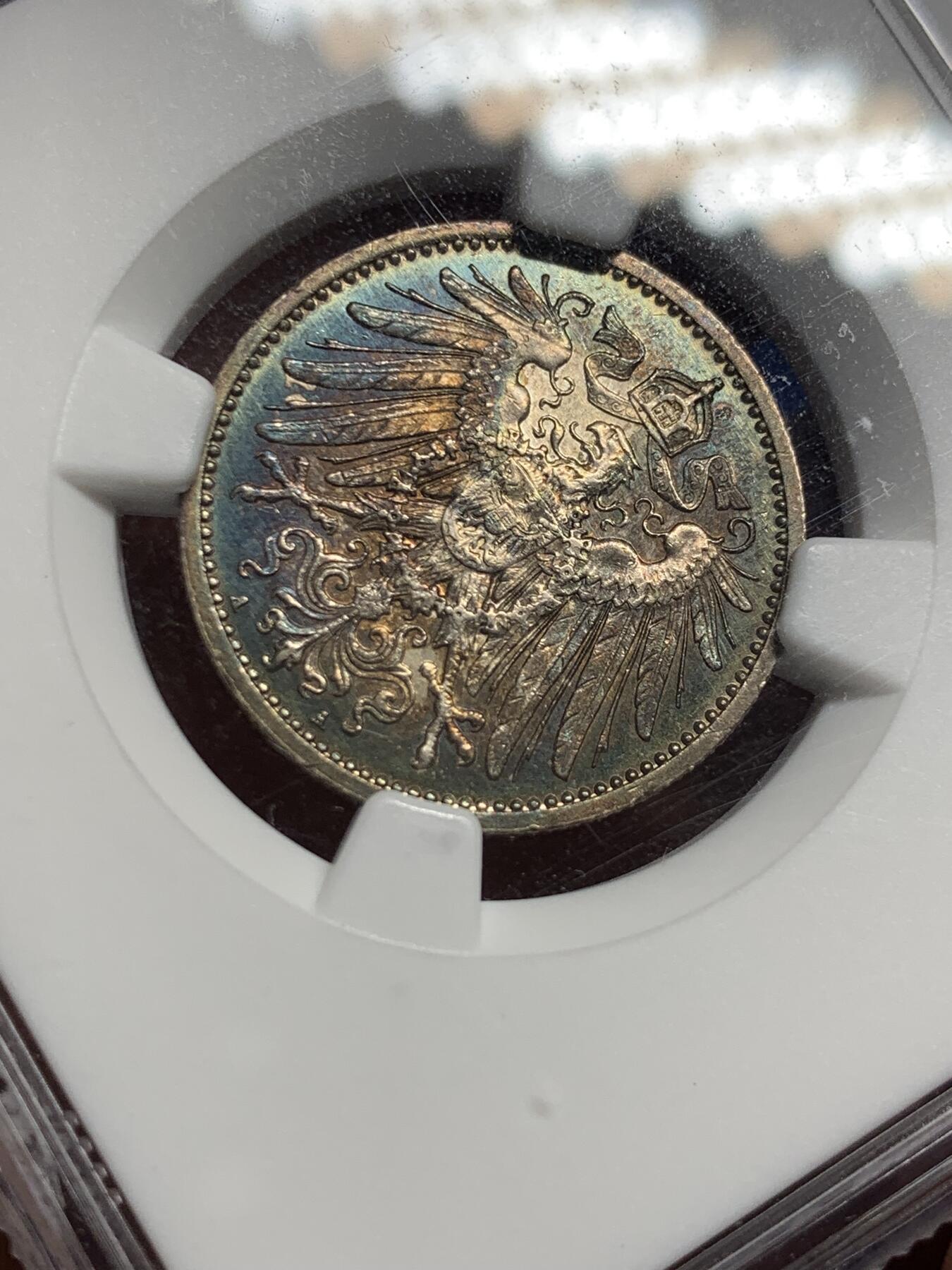 《竞宝斋》第412场 周日，周一，周二，3场连拍 （全场包邮） NGC MS62 德国1914年A版普鲁士1马克 环彩包浆值得收藏