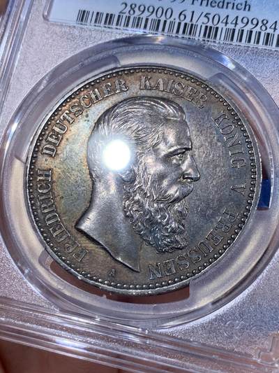 《竞宝斋》第412场 周日，周一，周二，3场连拍 （全场包邮） PCGS MS61 德国1888年普鲁士三皇年弗雷德里希三世短翅5马克 非常难得的醇厚酱彩包浆