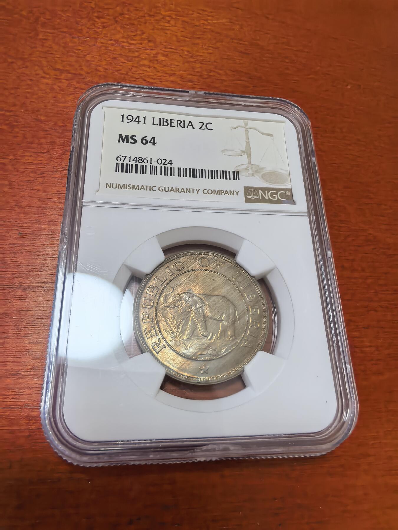 长老汇蛇年精选第四十场拍卖 1941 利比里亚大象2分铜镍币，NGC MS64