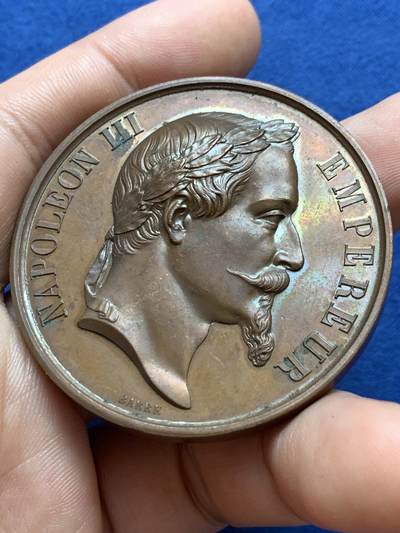 《竞宝斋》第412场 周日，周一，周二，3场连拍 （全场包邮） 拿破仑三世农业铜章 带盒 58.6克 50.6mm 蜜蜂铜标