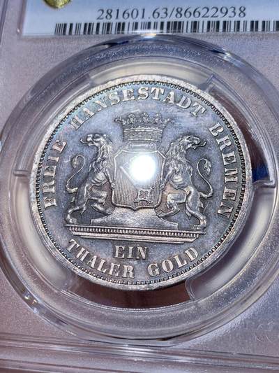 《竞宝斋》第412场 周日，周一，周二，3场连拍 （全场包邮） PCGS MS63 德国1871年不莱梅自由市普法战争胜利纪念1泰勒银币 原味老包浆转光 高点明显