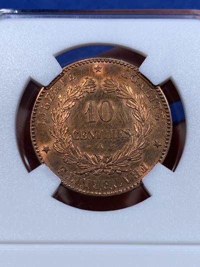 《竞宝斋》第412场 周日，周一，周二，3场连拍 （全场包邮） 法国1872年谷物女神10分铜币 高细节好品