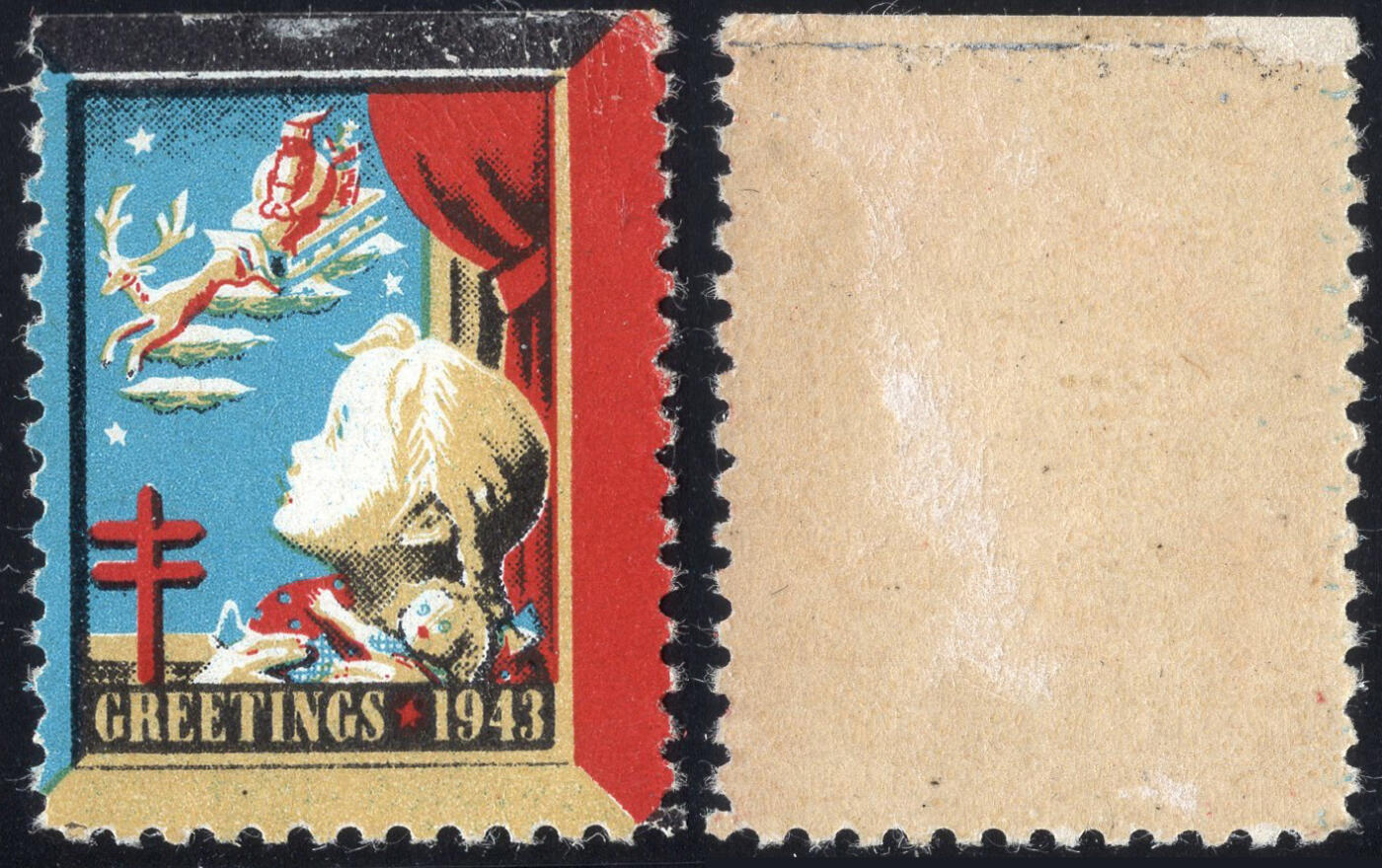 洪涛臻品批发群 精选邮票限时拍卖第1085期  美国圣诞节封缄票1943年, 原胶品入如图, 窗口的女孩与圣诞老人与鹿