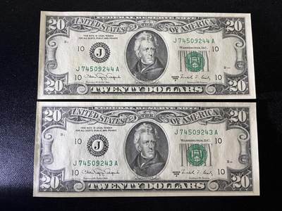 咖啡豆•收藏 2025年Aug_31th漂亮国纸币拍卖 - 2枚 美国 1988年 20美元 全新UNC 外国纸币