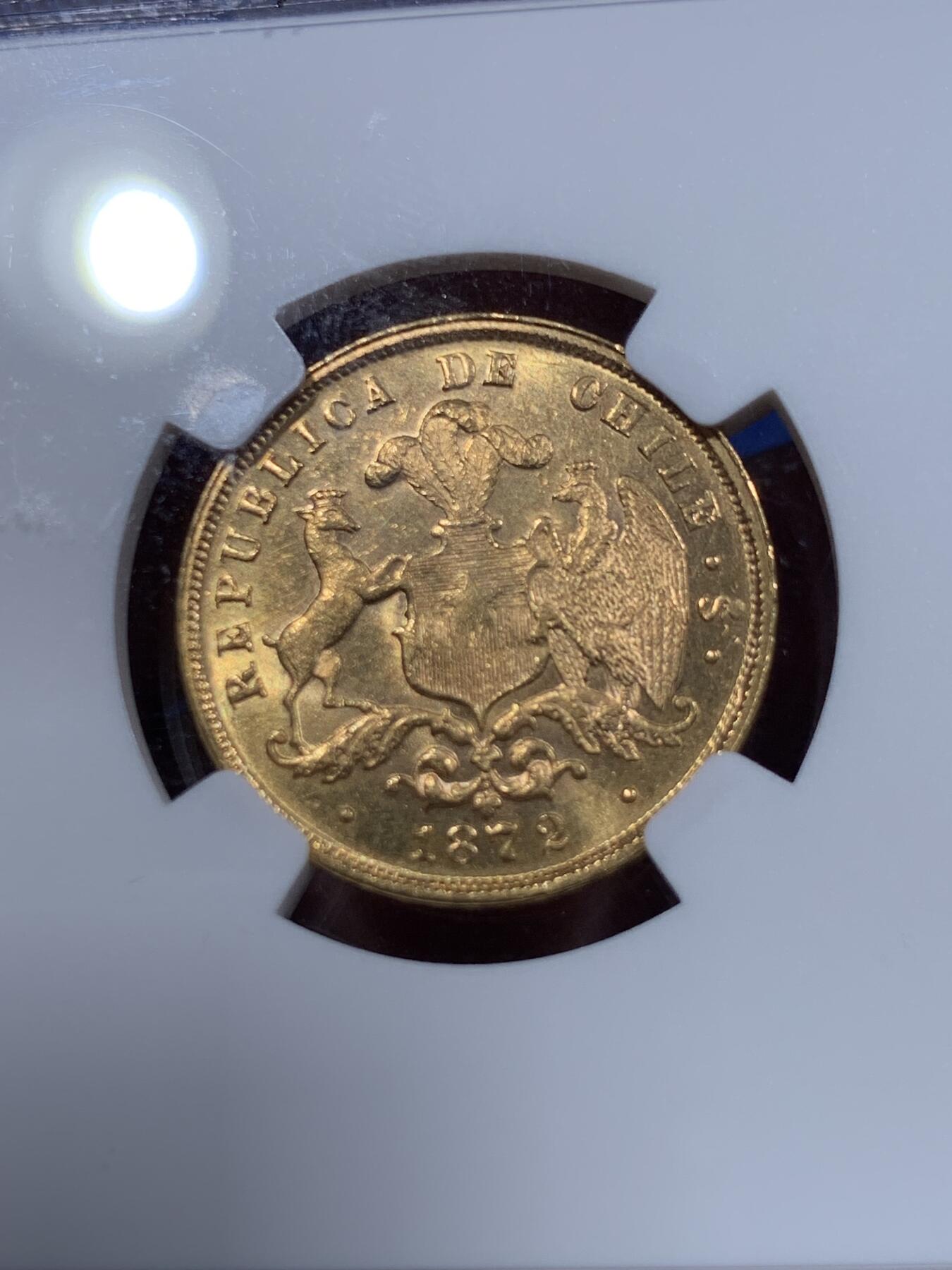 《竞宝斋》第412场 周日，周一，周二，3场连拍 （全场包邮） NGC MS62 智利1872年5比索金币 亚军分 仅发行23000枚  金币重约7.62克 900金
