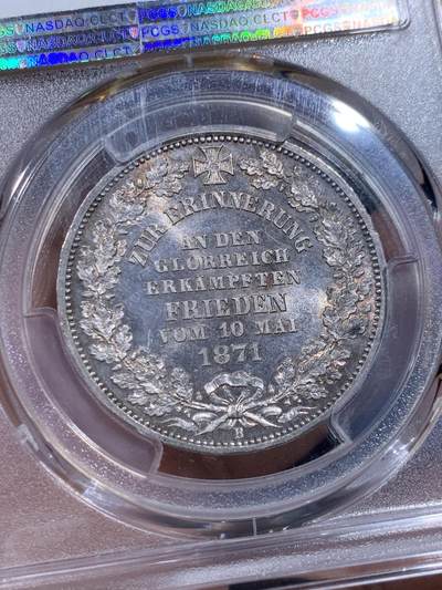 《竞宝斋》第412场 周日，周一，周二，3场连拍 （全场包邮） PCGS MS63 德国1871年不莱梅自由市普法战争胜利纪念1泰勒银币 原味老包浆转光 高点明显