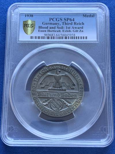 《竞宝斋》第412场 周日，周一，周二，3场连拍 （全场包邮） PCGS SP64 德国帝国莱比锡 1936年血与土纪念章 P加大盒装 带盒