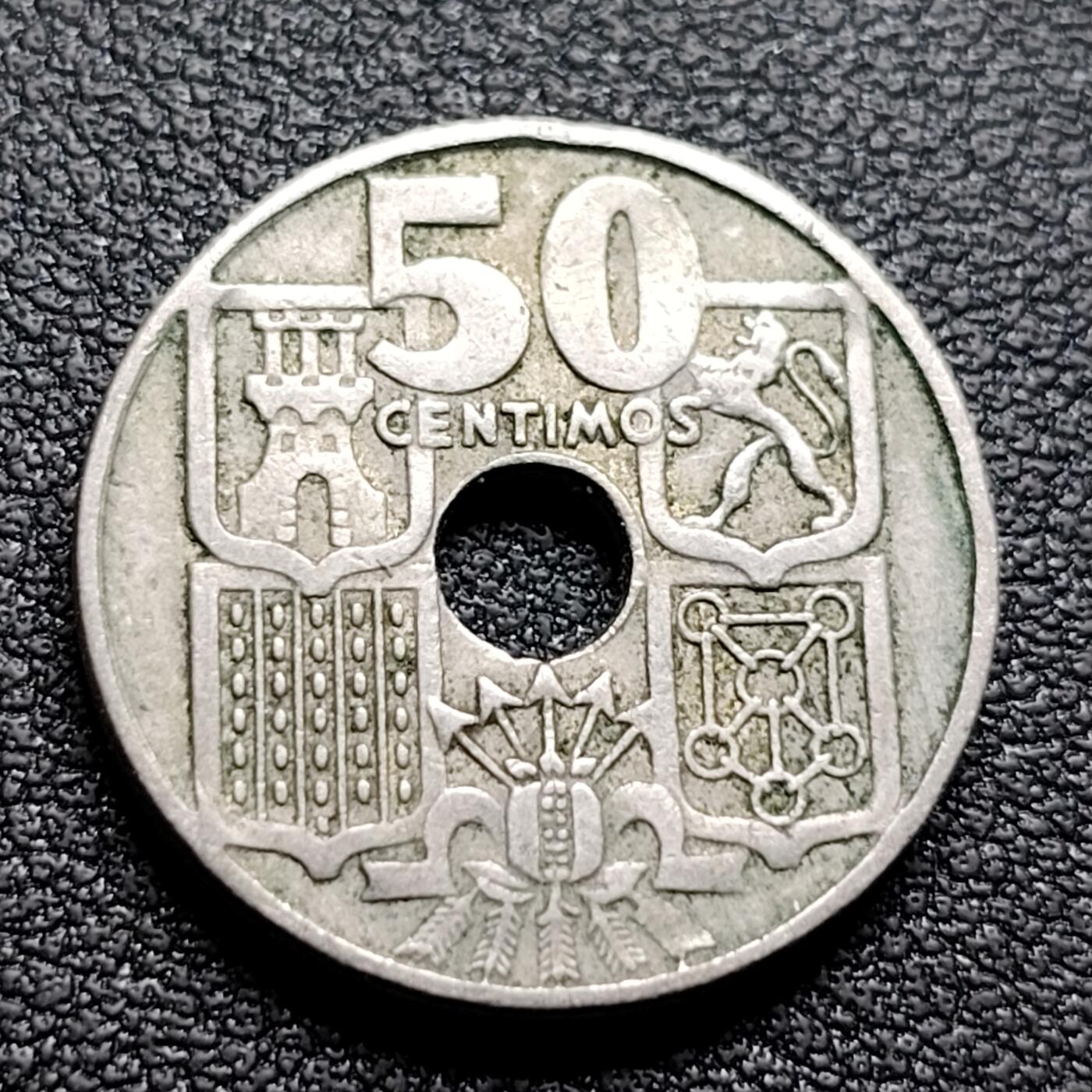 泉币菌-第96场-精品福利场 1949年西班牙50分圆孔镍币 20mm 船锚船舵 纪念币
