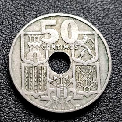 泉币菌-第96场-精品福利场 - 1949年西班牙50分圆孔镍币 20mm 船锚船舵 纪念币