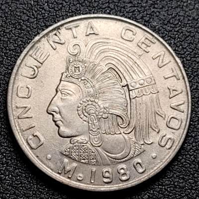 泉币菌-第96场-精品福利场 - 少见 墨西哥1980年50分铜镍币 阿兹特克文明羽蛇神 民族英雄瓜特穆斯 25mm 