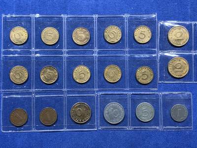 《竞宝斋》第412场 周日，周一，周二，3场连拍 （全场包邮） 18枚一组 德国二战硬币 细节见图