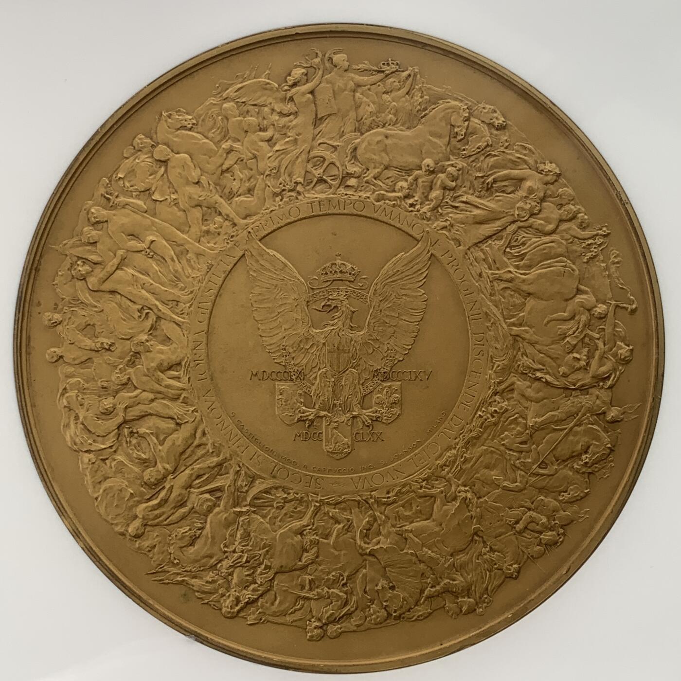 掌中浮雕-藏着的欧洲第034场 NGC MS65 ：1911年意大利王国50周年镀金铜章，120mm，G. Castiglioni设计, Cappuccio,雕刻，S. Johnson公司出品