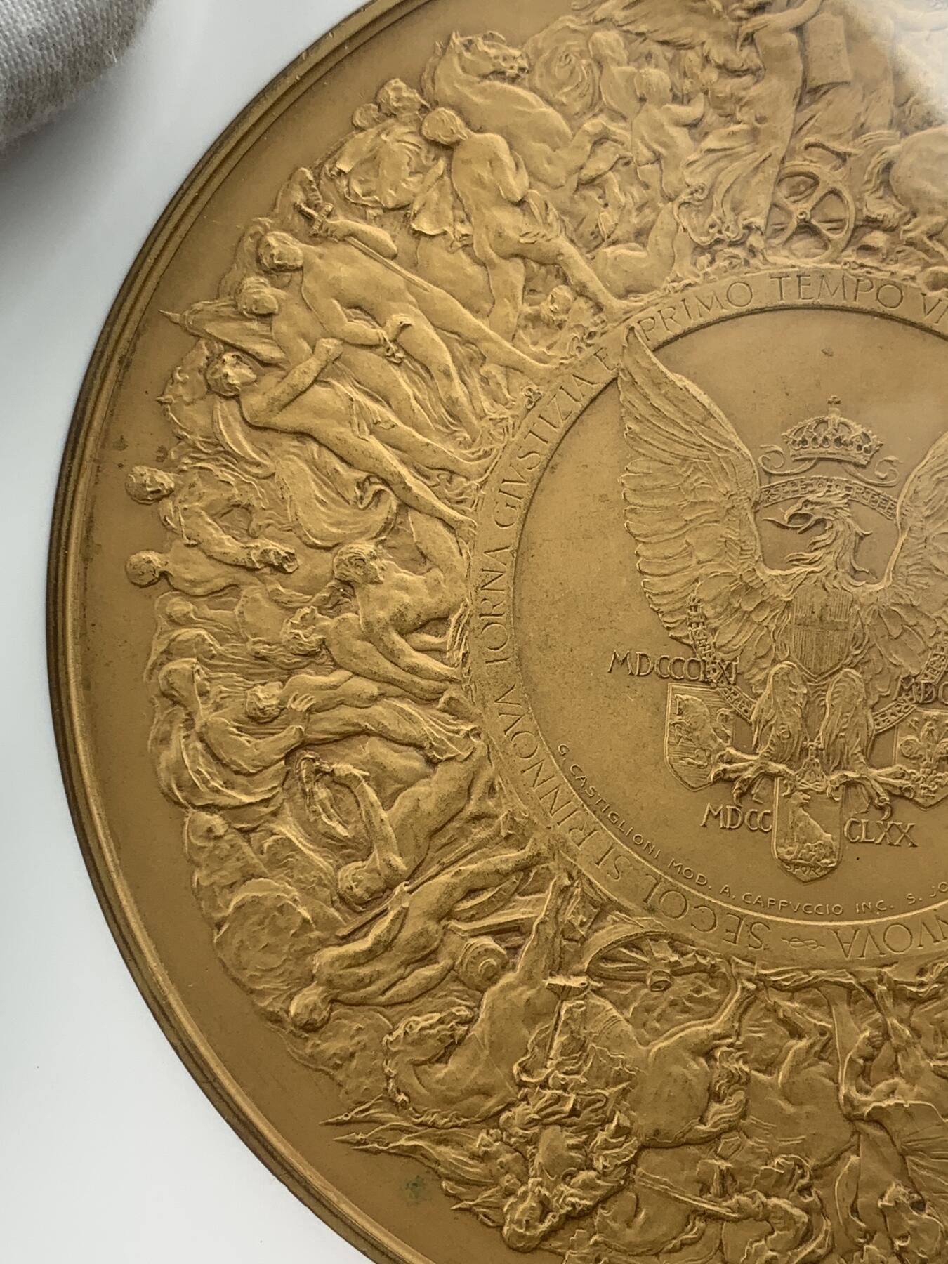 掌中浮雕-藏着的欧洲第034场 NGC MS65 ：1911年意大利王国50周年镀金铜章，120mm，G. Castiglioni设计, Cappuccio,雕刻，S. Johnson公司出品