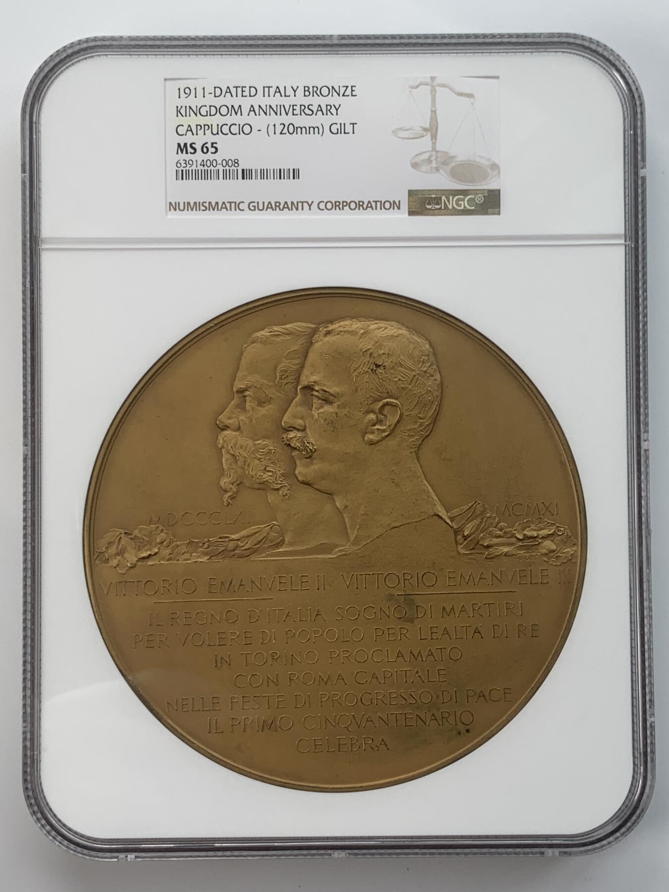 掌中浮雕-藏着的欧洲第034场 NGC MS65 ：1911年意大利王国50周年镀金铜章，120mm，G. Castiglioni设计, Cappuccio,雕刻，S. Johnson公司出品