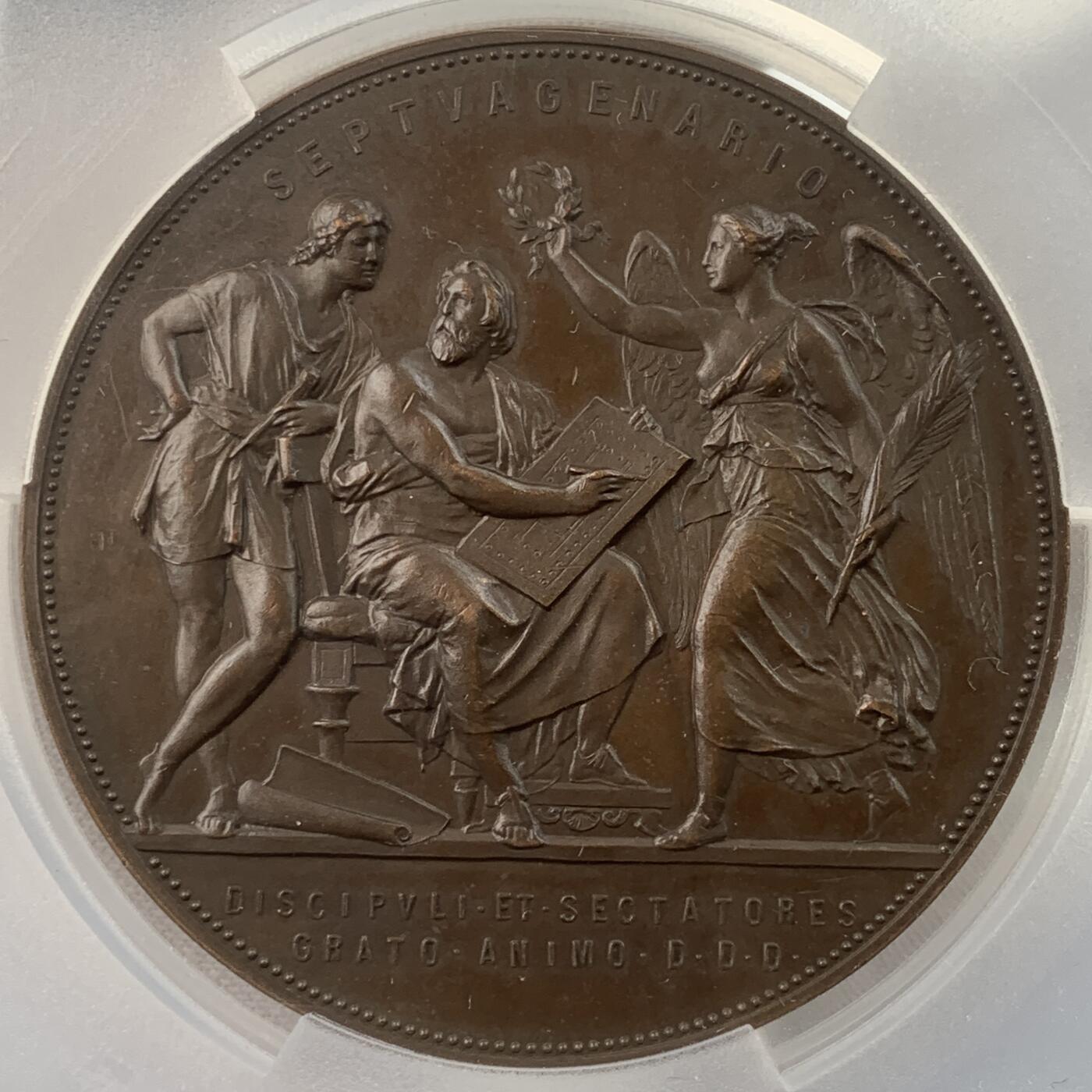 掌中浮雕-藏着的欧洲第034场 PCGS SP63 : 1883年丹麦建筑师兼维也纳教授Theophil Hansen70岁诞辰铜章 ，60mm