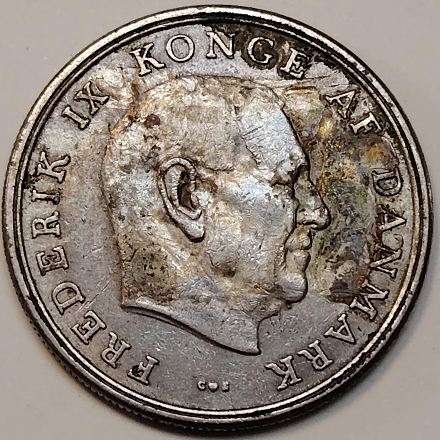 布加迪🐬～世界钱币(上海)🌾第 237 期 /  各国套币和散币 丹麦🇩🇰 1963年 5克朗 表面条纹币完好