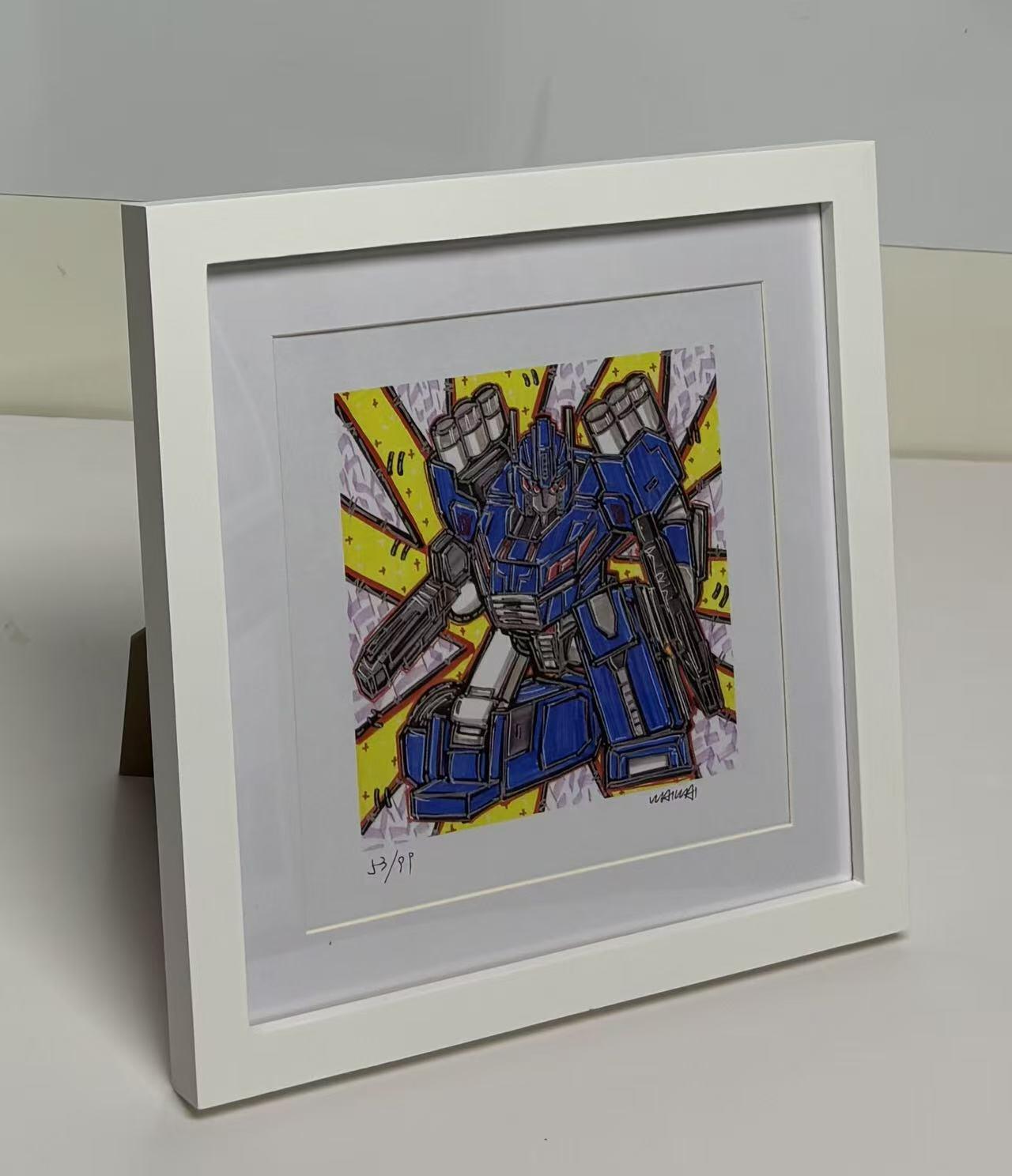 零元拍：歪歪亲笔签名 OWSON 系列作品装饰画《变形金刚》，已做装裱 木框相框尺寸28/28CM。因展品出展，镜框或亚克力可能有轻微划痕，介意勿拍