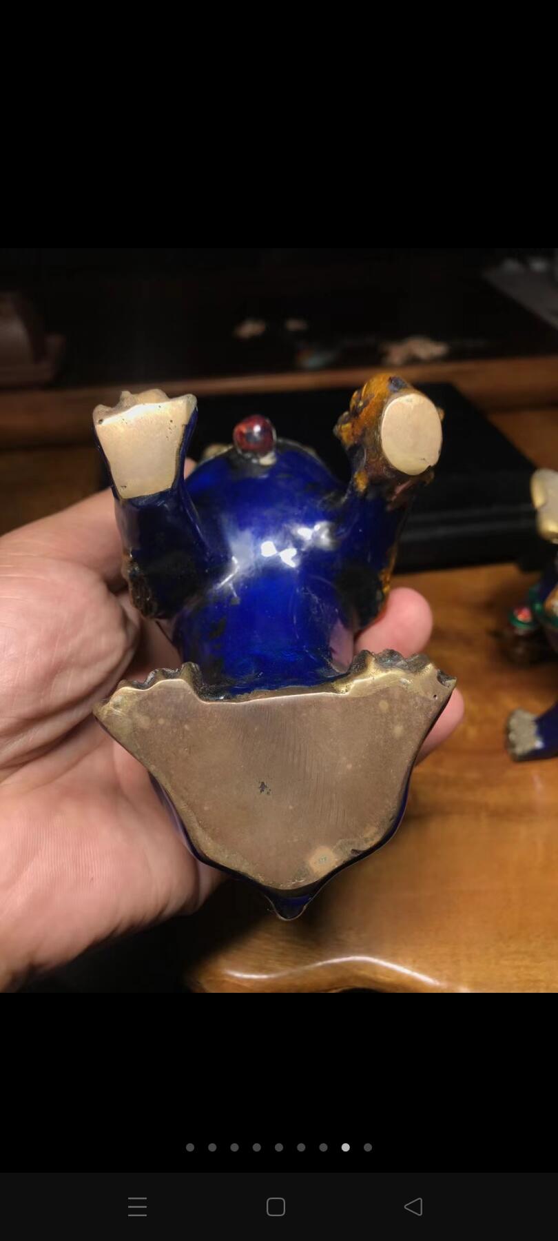 回流铜胎景泰蓝双狮镇纸一对！做工精致细腻栩栩如生！全美品！皮壳一流