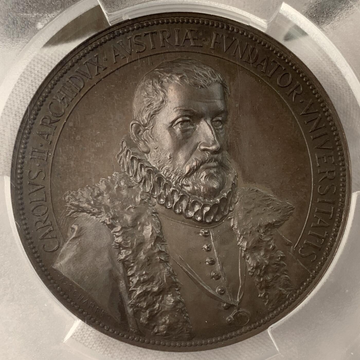 掌中浮雕-藏着的欧洲第034场 PCGS SP64 : 1886年奥地利卡尔-弗朗茨-格拉茨大学建校300周年，正面为该校创办者卡尔二世大公，55mm