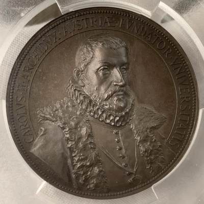 掌中浮雕-藏着的欧洲第034场 - PCGS SP64 : 1886年奥地利卡尔-弗朗茨-格拉茨大学建校300周年，正面为该校创办者卡尔二世大公，55mm