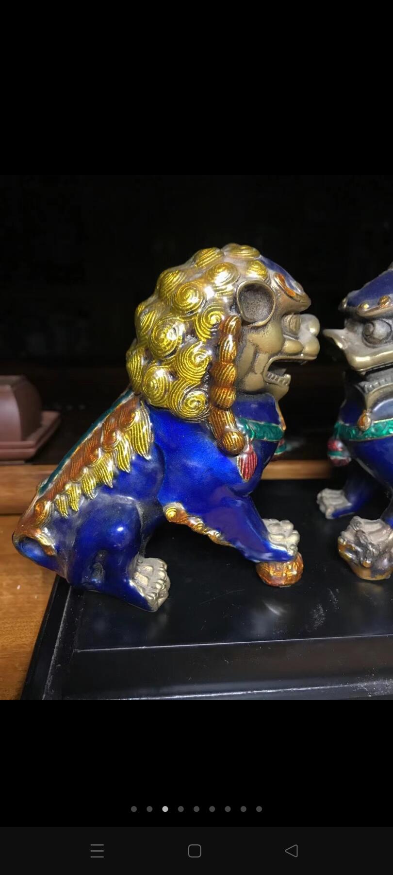 回流铜胎景泰蓝双狮镇纸一对！做工精致细腻栩栩如生！全美品！皮壳一流
