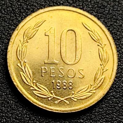 泉币菌-第98场-散币乐园场 原铜光极美 铜光美品 1988年智利10比索黄铜币 21mm飞人自由女神 