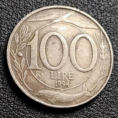泉币菌-第97场-散币乐园场 - 1994年意大利 100 里拉镍币 海豚 麦穗 鸟 4.5g  22mm