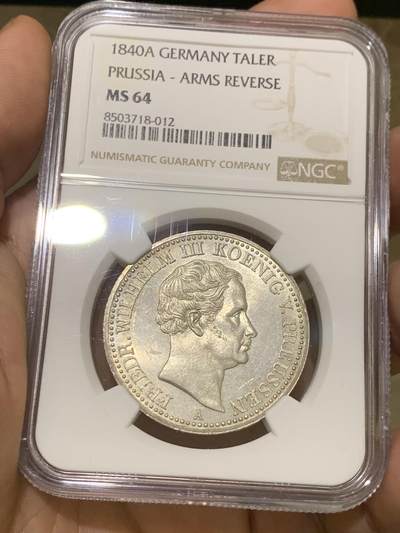 《竞宝斋》第412场 周日，周一，周二，3场连拍 （全场包邮） 唯一冠军分 NGC MS64 德国 1840 普鲁士王国 威廉三世 泰勒银币 非常流通充分的品种 只有3枚MS评级 不可错过